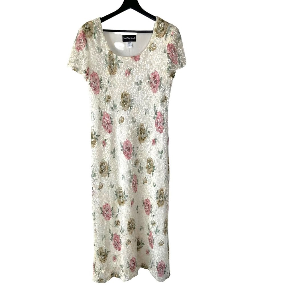 Vintage 90s White Floral Floral Print Short Sleeve Full Length Dress 14